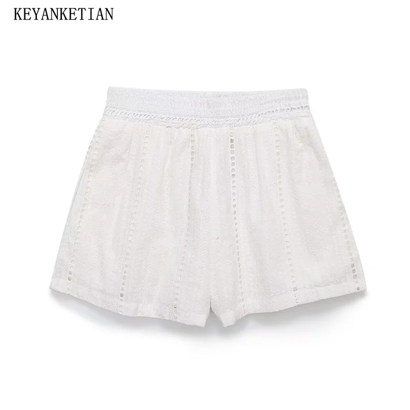 

KEYANKETIAN 2024 New Launch Women's Hollow out Embroidery Elastic Waist White Shorts Holiday wind Ladies Straight Leg Pants