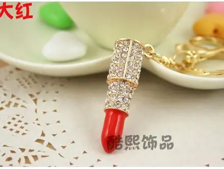 

100pcs/lot fashionCreative Rhinestone Sexy Lipstick Keychain Charm Women Handbag Keyring Car Key ring