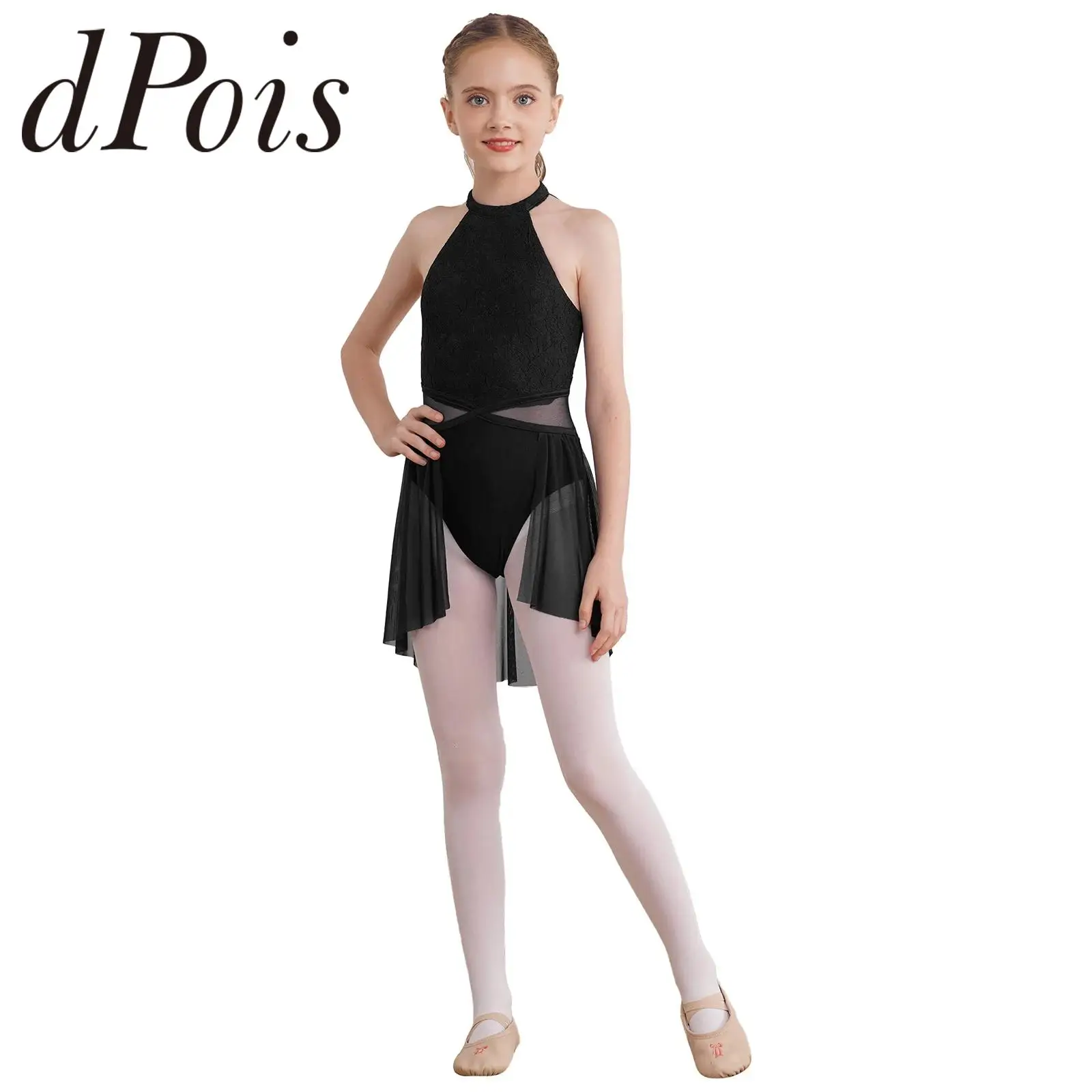 Kids Girls Sleeveless Lace Floral Ballet Dress Gymnastics Leotard Children Irregular Hem Figure Skating Dress Teens Dancewear