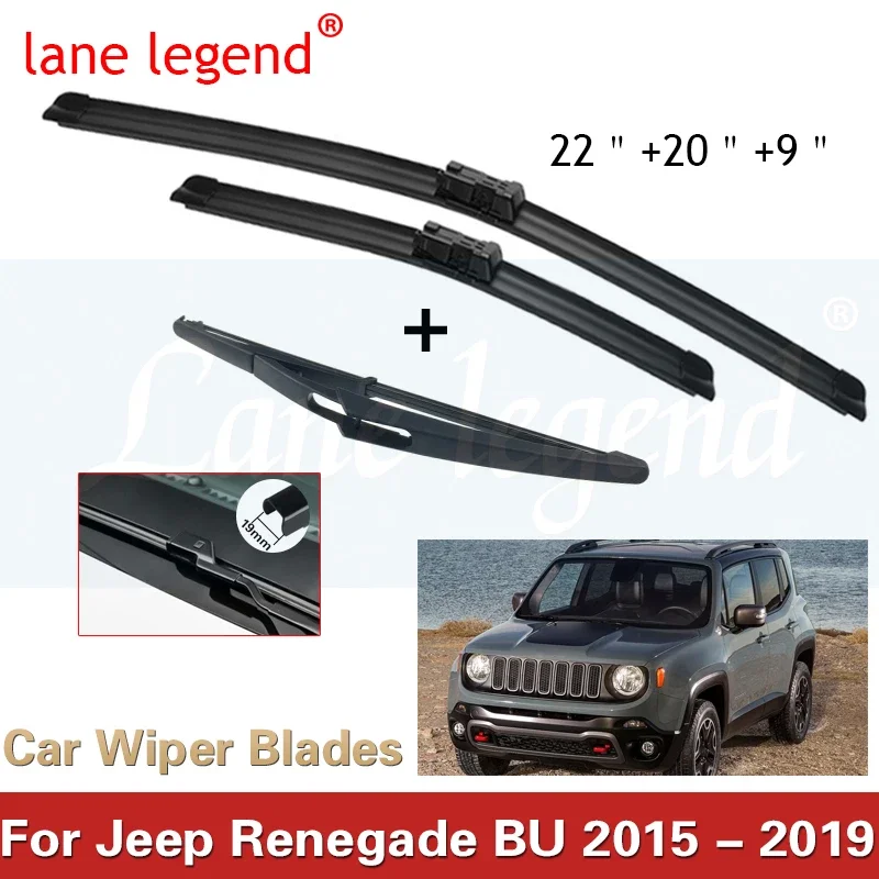 Conjunto de lâminas de limpador dianteiro e traseiro para Jeep Renegade, escovas de pára-brisa BU, pára-brisas, tampa de borracha, 2016, 2017, 2018