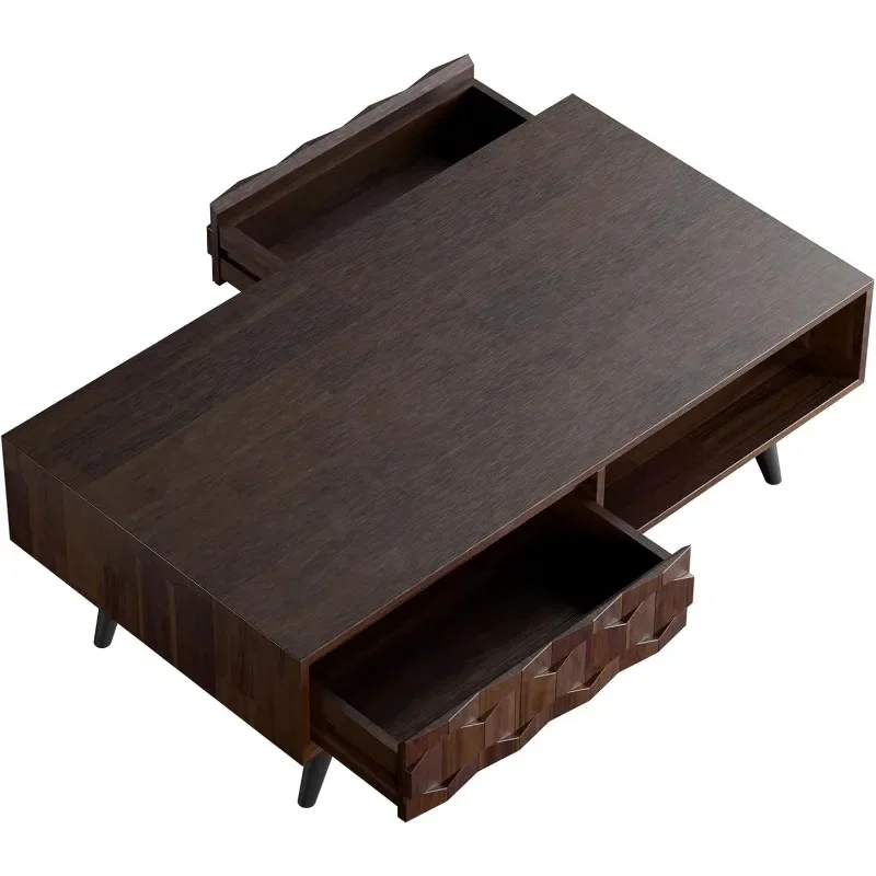 Tavoli in legno massello MidCentury Modern con 2 cassetti portaoggetti simmetrici, dettagli geometrici, tavolino da caffè completamente assemblato per soggiorno