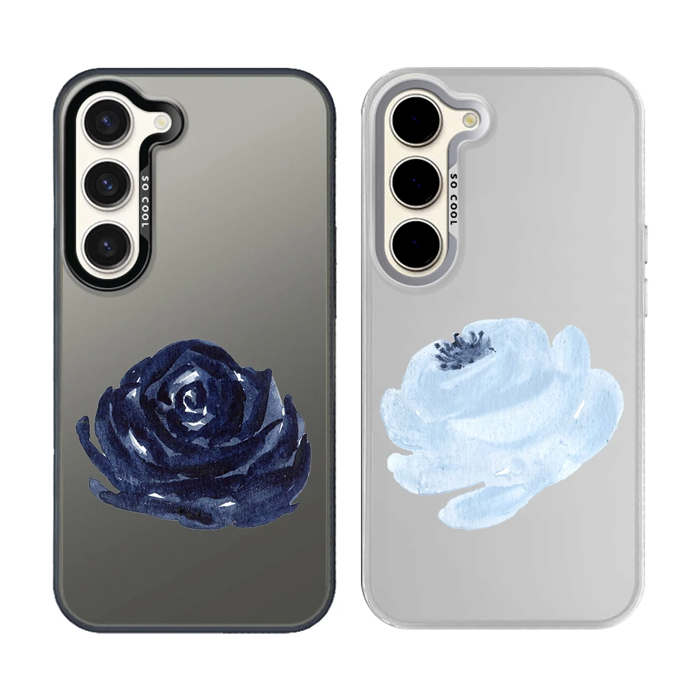 Silver Plated IMD Phone Case For Samsung S26 S25 S24 S23 S22 Ultra S20 S10 S21 FE 5G Plus Cover Navy Blue Flowers
