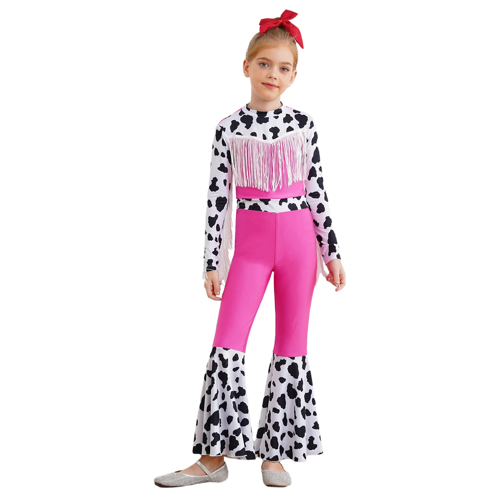 

Kids Girls Western Cowboy Cowgirl Costume Long Sleeve High Waist Bodysuit Fringe Cow Print Flared Jumpsuit for Halloween Cosplay