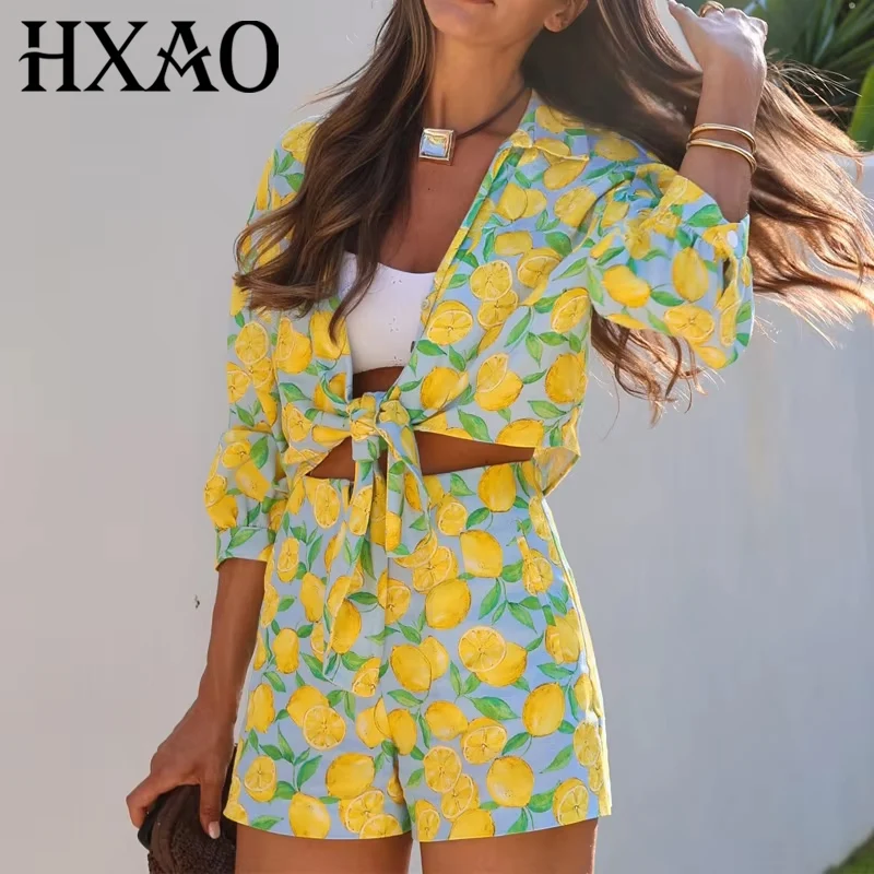 

HXAO Print Crop Tops Women 2024 Summer Knotted Long Sleeve Blouse Collared Holiday Cheap Women'S Blouses Stylish Beach Top
