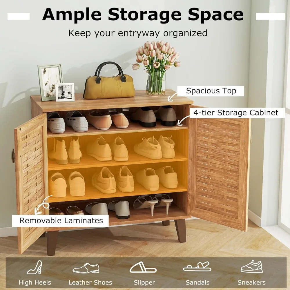 خزانة تخزين الأحذية ذات 4 طبقات على طراز المزرعة مع بابين و3 أرفف قابلة للإزالة، منظم ريفي قائم بذاته للمنزل #4
