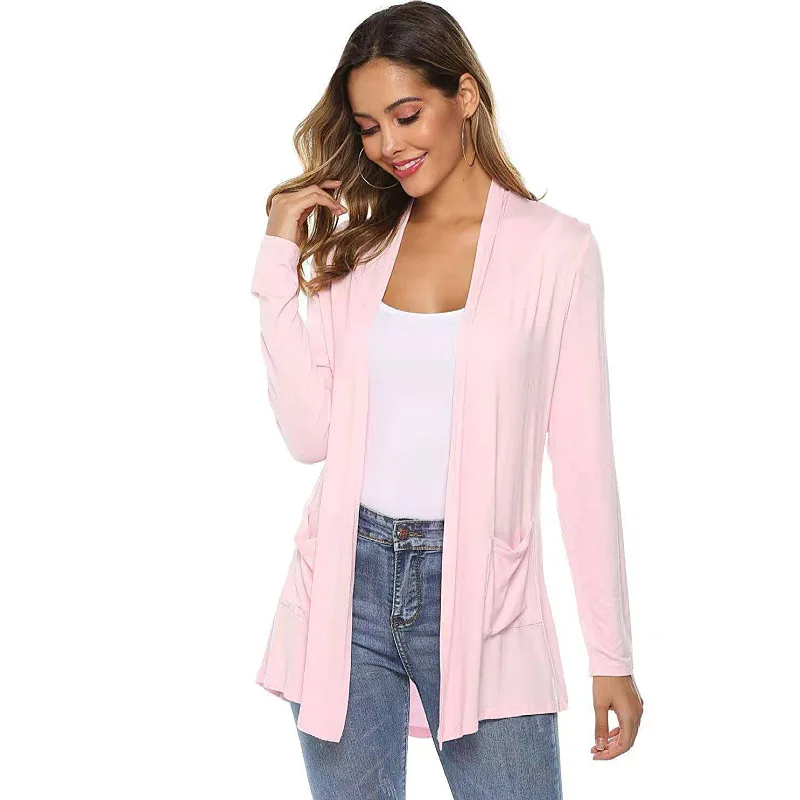 Lightweight Women's Long-sleeve Knit Cardigan, Available in Black, White, Gray, Blue, Red, and Beige.