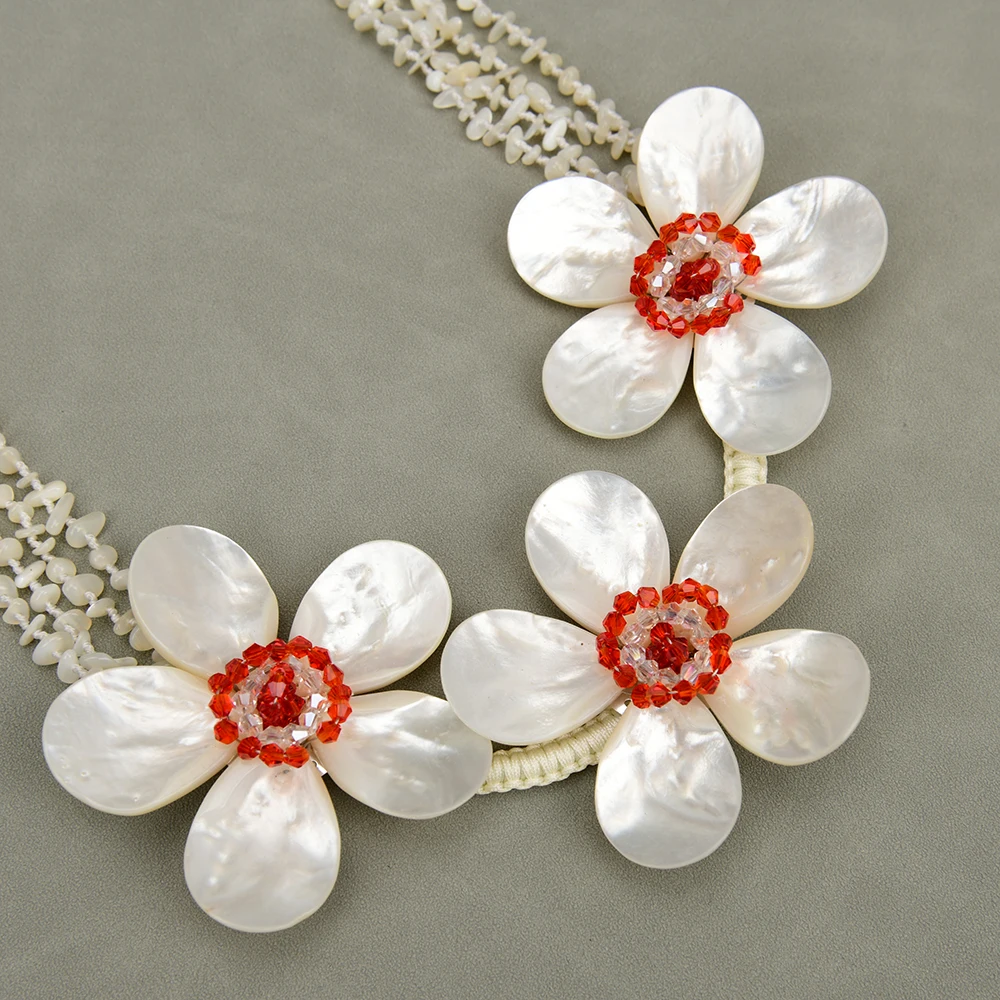 Handmade 4 Strands  Natural White Sea Shell Flower Red Crystal Mother Of Pearl Necklace Pendant For Lady