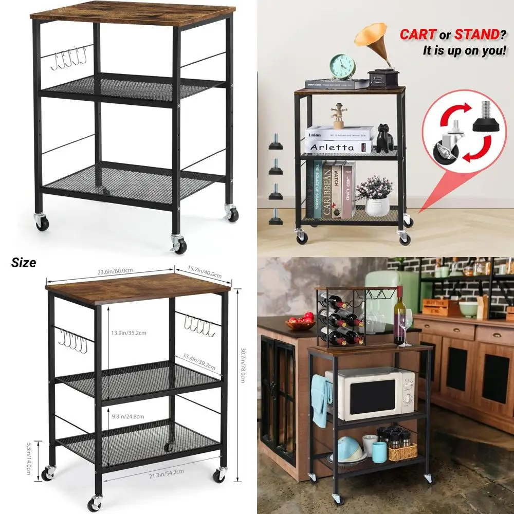 

3-Tier Microwave Cart with Storage Shelves, Brown, Large Side Table on Wheels for Home Office Use