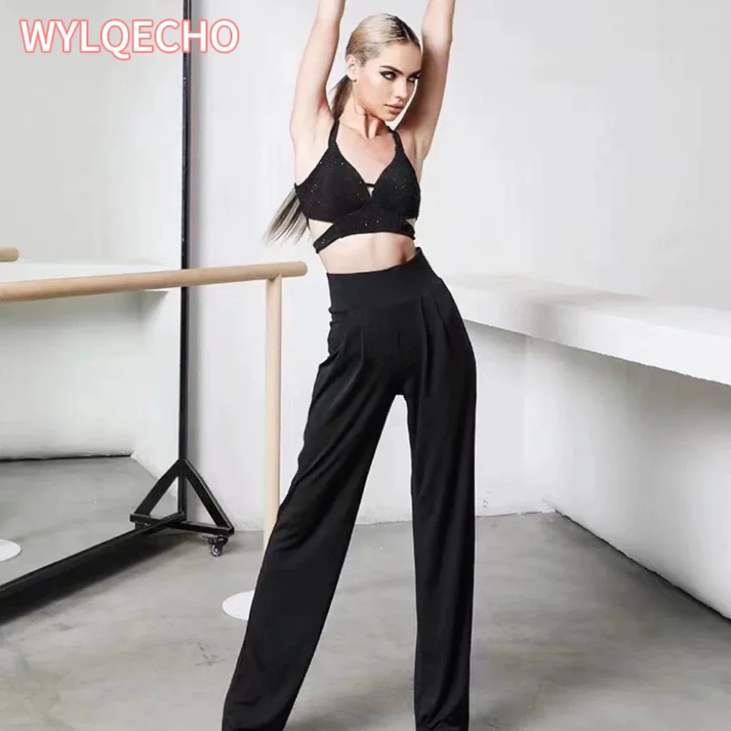 

New Latin Dance Pants Women High Waist Wide Leg Black/Leopard Latin Practice Trousers Cha Cha Ballroom Dance Clothes