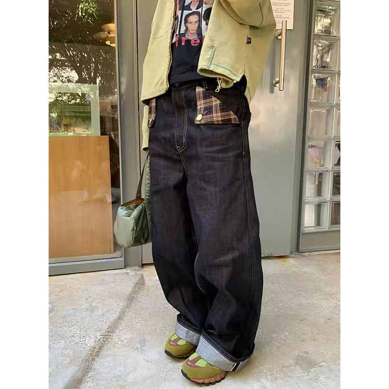 

Женские винтажные клетчатые карманные готические мешковатые джинсы Y2k в стиле эмо в стиле пэчворк, американские ретро 2000-х годов, джинсовые брюки в стиле Харадзюку, широкие брюки