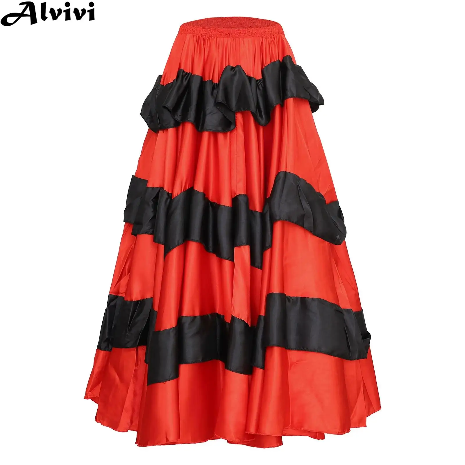 

Women Flamenco Spanish Paso Doble Dance Skirt Wide Hem Tiered Satiny Dancewear for Belly Waltz Ballroom Cha-cha Tango Bomba