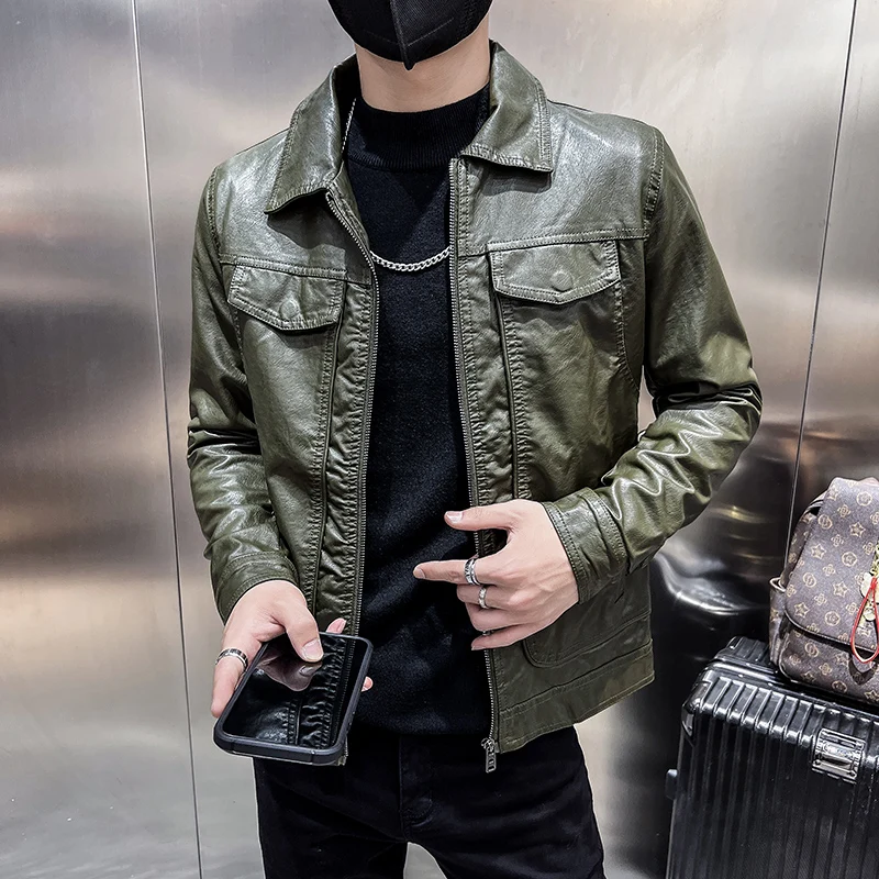 

Slim Fit Motorcycle Jaet Men's Leather Coat Small Size XS ort Sle Autumn Winter Youth Casual Faion Straight Hem Zipper