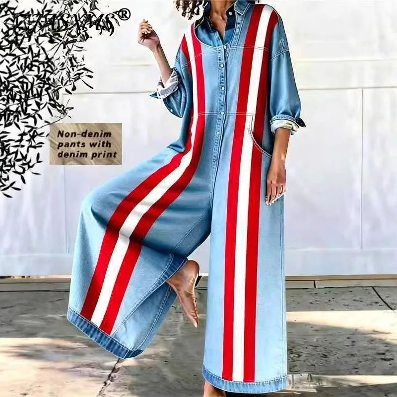 

Женский комбинезон из имитации денима с ретро-полосатым принтом, весна 2026, с пуговицами, отложным воротником, длинными рукавами и широкими штанинами