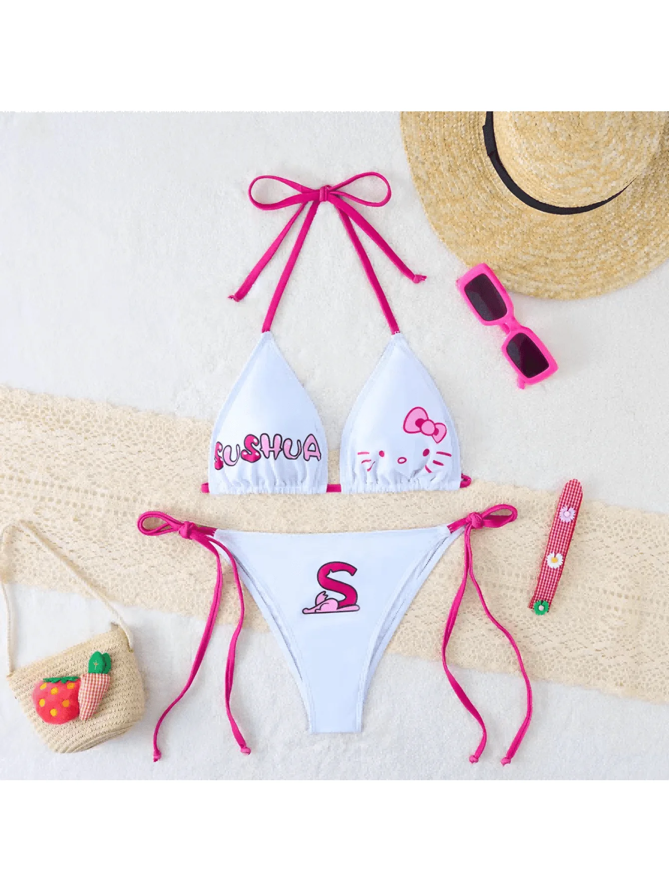 

Hello Kitty Bikini Set for Women Cute Cartoon Triangle Bikini Tie Side Swimsuit Summer Beachwear
