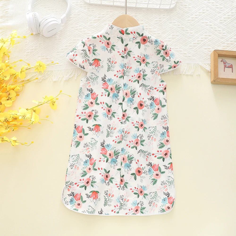 Summer Style Children Clothing Girls Dress Chinese White Floral Cheongsam Sleeveless Fresh Style Children Children's costum 2-6Y