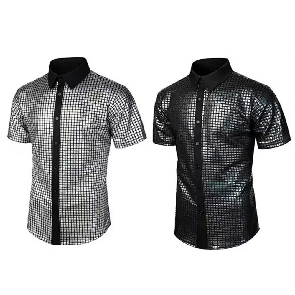 Men Lapel Shirt Men's Slim Fit Performance Shirt with Turn-down Collar for Nightclub Festivals Glossy Surface Contrast Color