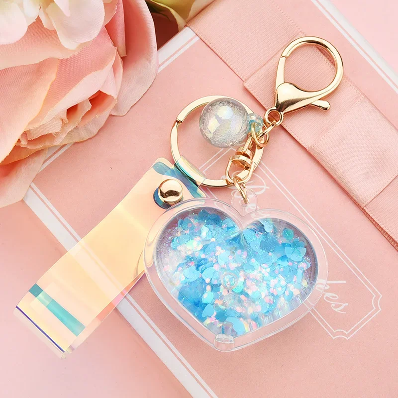 2025 New Valentine\'s Day Gift Love  Heart Key Chain Glitter Flowing Liquid Car Keyring For Women Bag Charm Lovely Cute Jewelry