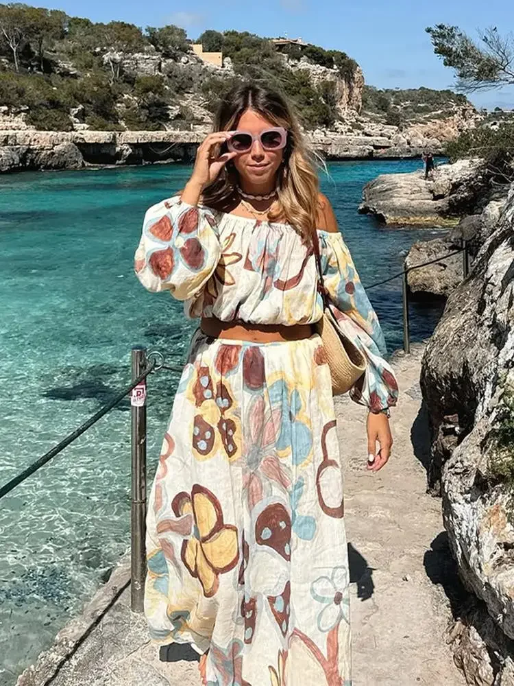 

Casual Women Print Long Skirt Sets Loose Lantern Long Sleeves Off Shoulder Ruffle Tops Low Waist Skirts New Summer Female Wear