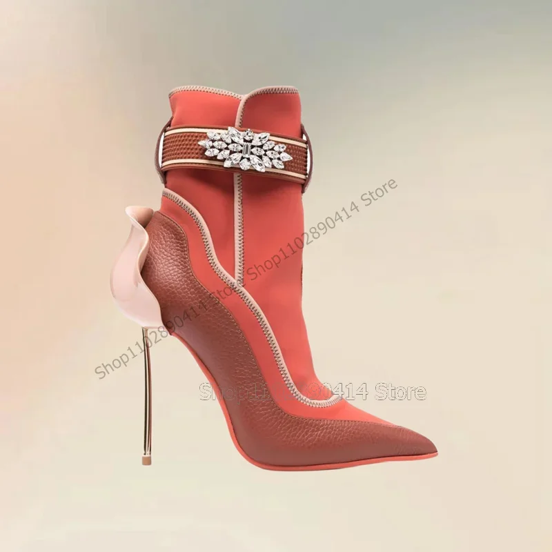 Schwarz Kristall Blume Lychee Druck Metall Ferse Stiefeletten Seite Zipper Frauen Schuhe Spitze Zehen Neue Mode 2023 Zapatos Para Mujere