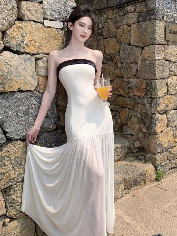 RORIRI Desire Sheer Mesh Stitch Corset Jurk Vrouwen Retro Contrast Backless Boog Slanke Bodycon Lange Jurk Vakantie Zomer Kleding