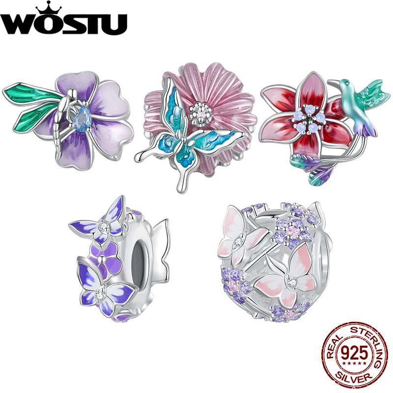 

WOSTU, серебро 925 пробы, стрекоза, птица и бабочка, цветок, подвеска из бисера, винтажный Шарм, подходит для оригинального браслета, ожерелье, ювелирное изделие, подарок