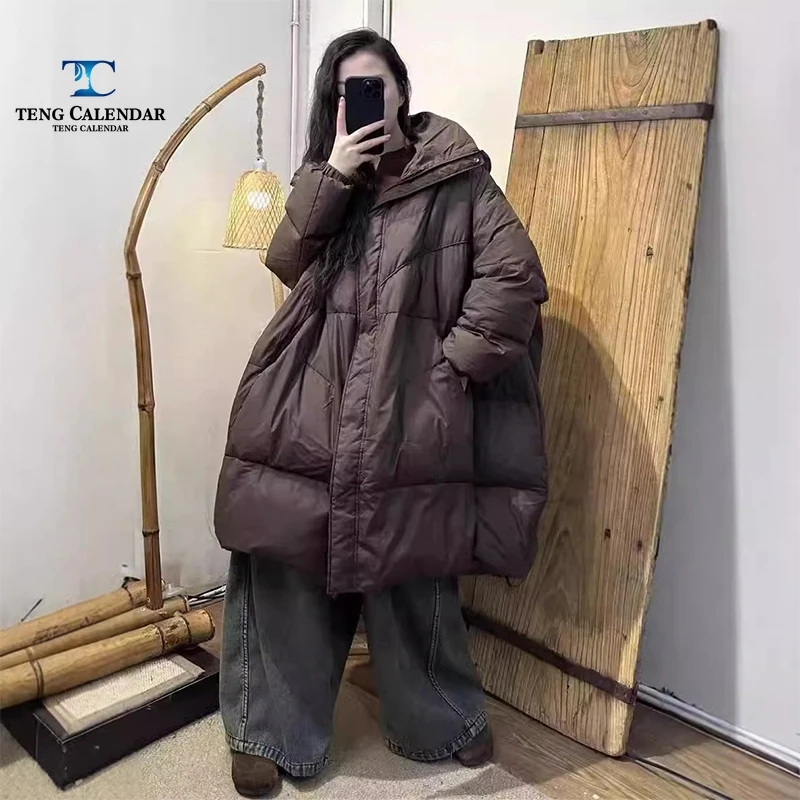 フード付きふわふわAラインダウンジャケット、ヨーロッパ風オーバーサイズゆったりホワイトダックダウン暖かいジャケット、2025年冬新作