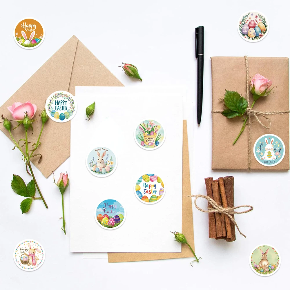 500pcs 만화 행복 한 부활절 라운드 인감 스티커 귀여운 토끼 계란 보상 장난감 데칼 DIY 노트북 미적 스티커 아이 선물