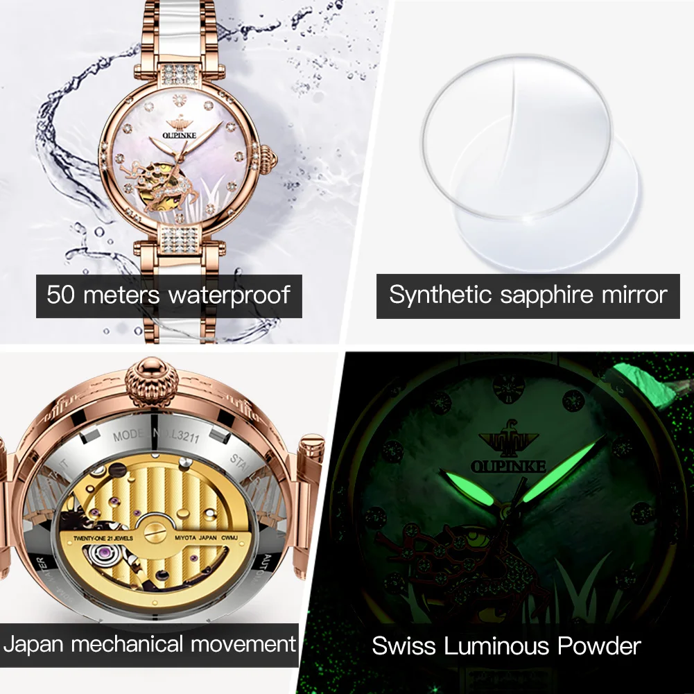 OUPINKE 3211 Japan Automatic Watch for Women Elegant Rose Gold Ceramics Strap Hollow Deer Diamond Dial Ladies Mechanical Watches