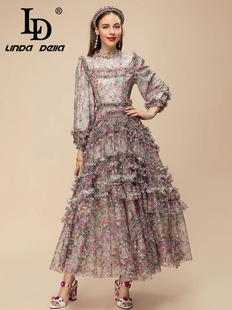 LD LINDA DELLA 2023 Summer Runway Designer Vintage Dress Women's High Waist Cascading Ruffle Print Splice Party Long Dress