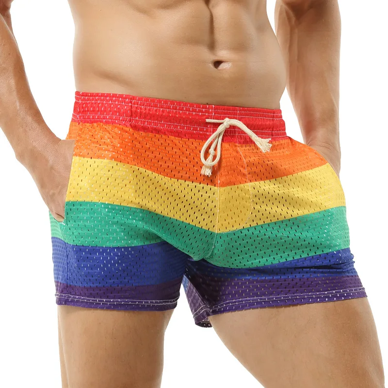 Men's Sexy Beach Short Pants Rainbow Mesh Trunks Sexy Beachwear Casual Boxers Shorts Bottoms Pocket Quick-dry Drawstring