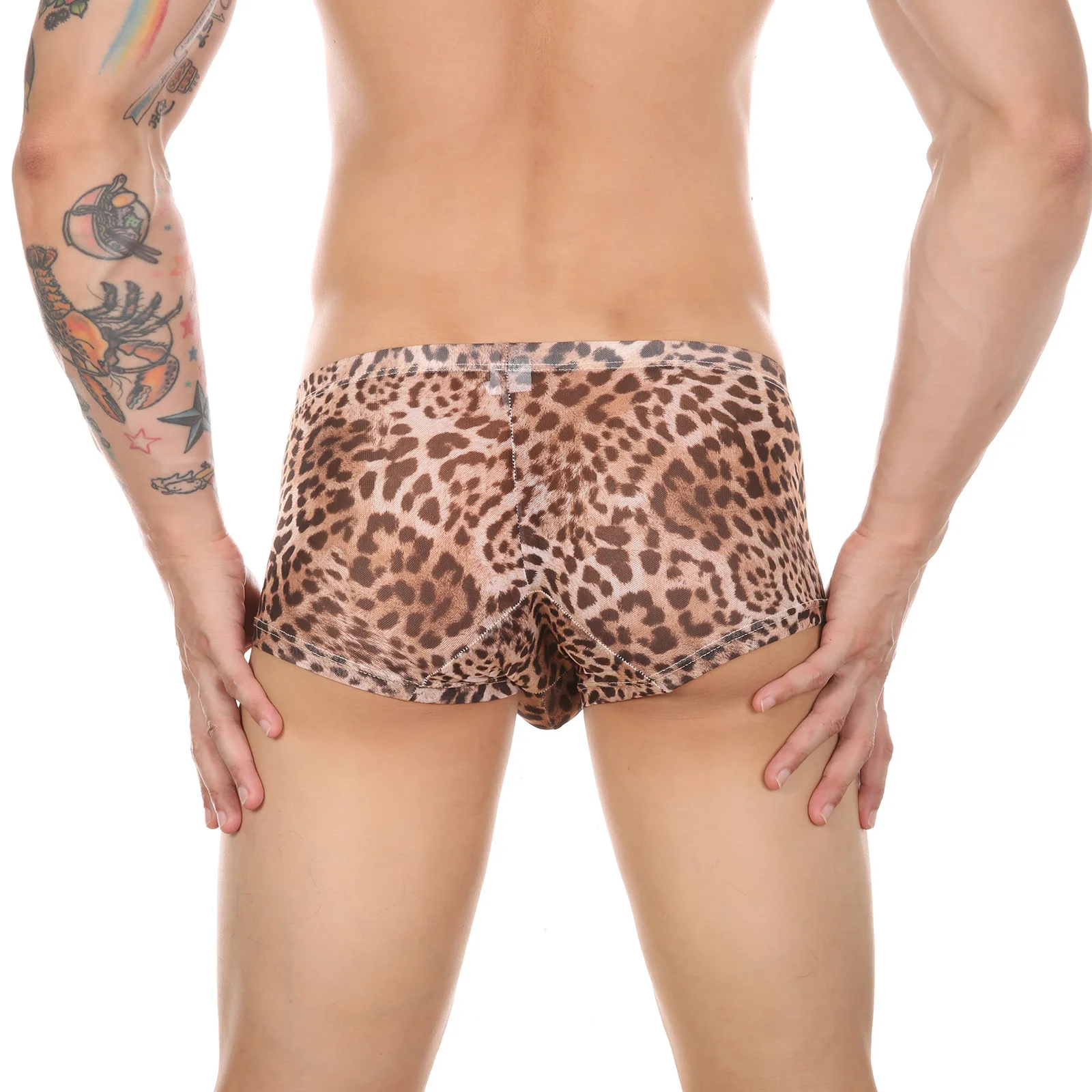 Gays Fashion U Convex Pouch Boxers Shorts for Men\'s Mesh Leopard Print Panties Gays See Through Lingerie Fashion Funny Underwear