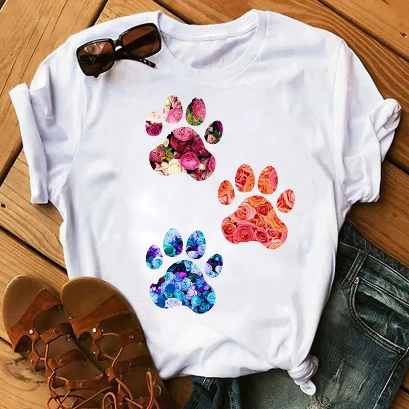 

Милая футболка с принтом собачьей лапы для женщин и мужчин, унисекс, с цветочным принтом «Мир, любовь, сердце», повседневные летние футболки с короткими рукавами
