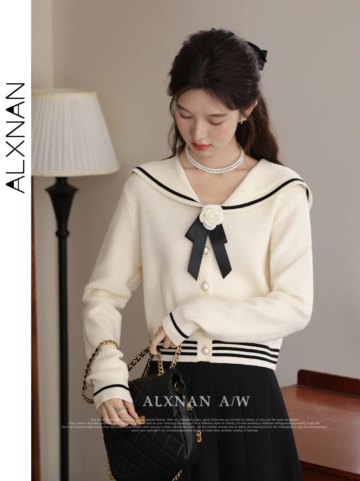 

ALXNAN Women's Sweet Knitted Cardigans Trendy Sailor Collar Removable Rose Bow Pearl Button Female Autumn Winter Tops LXN31332