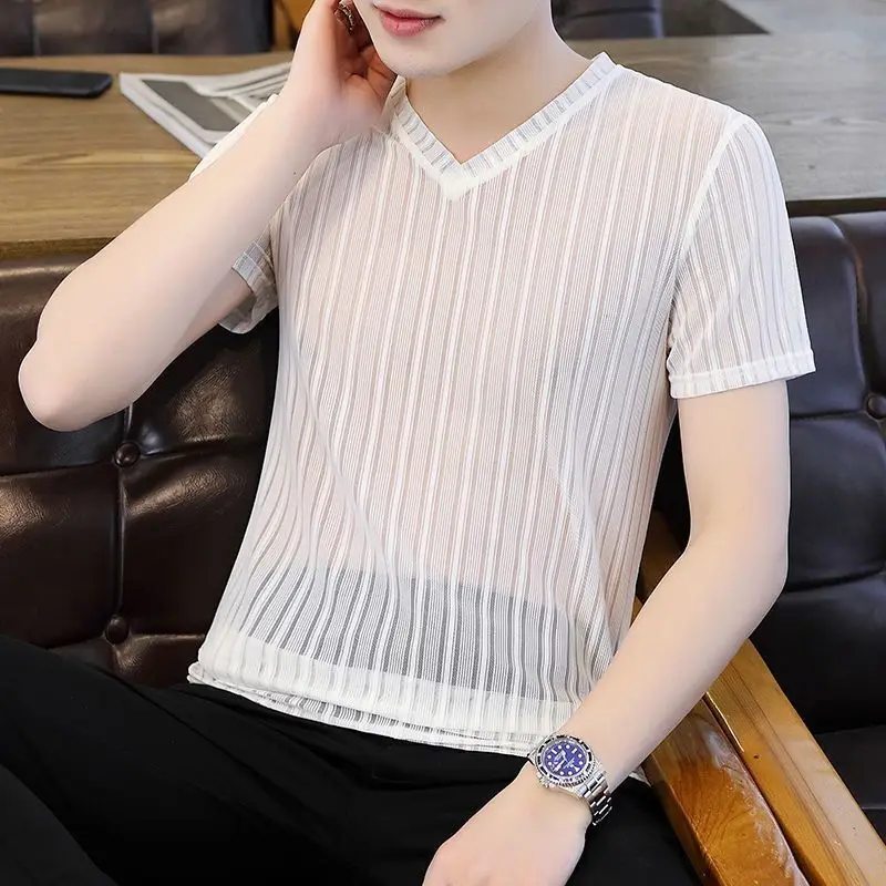 Korean Ice Silk Fabric Men\'s Clothing Summer Ventilate Hollow Tops Man Casual V-neck Solid Color T-shirt