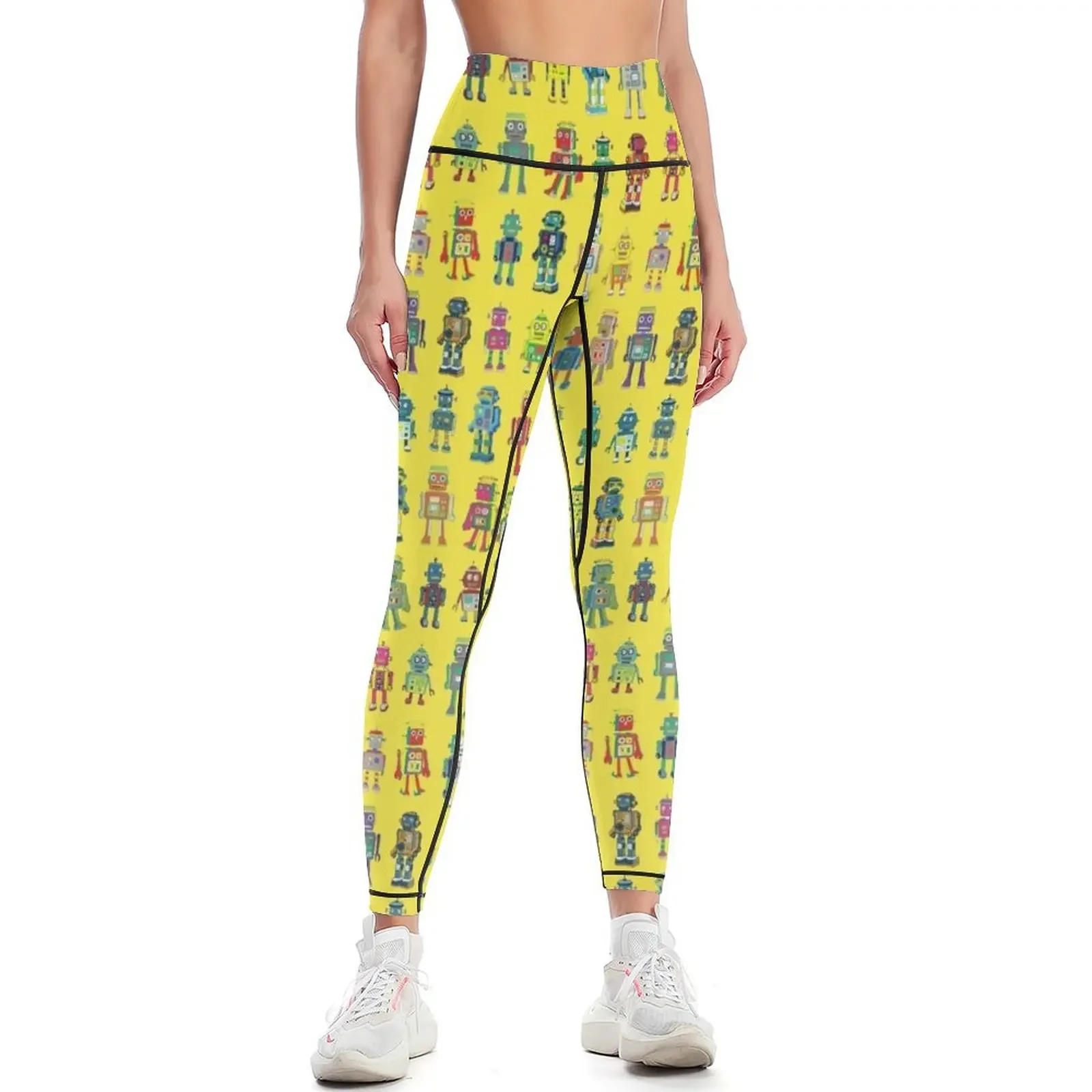 

Robot Line-up on Yellow - fun pattern by Cecca Designs Leggings Pants sport jogging pants Women's pants Womens Leggings