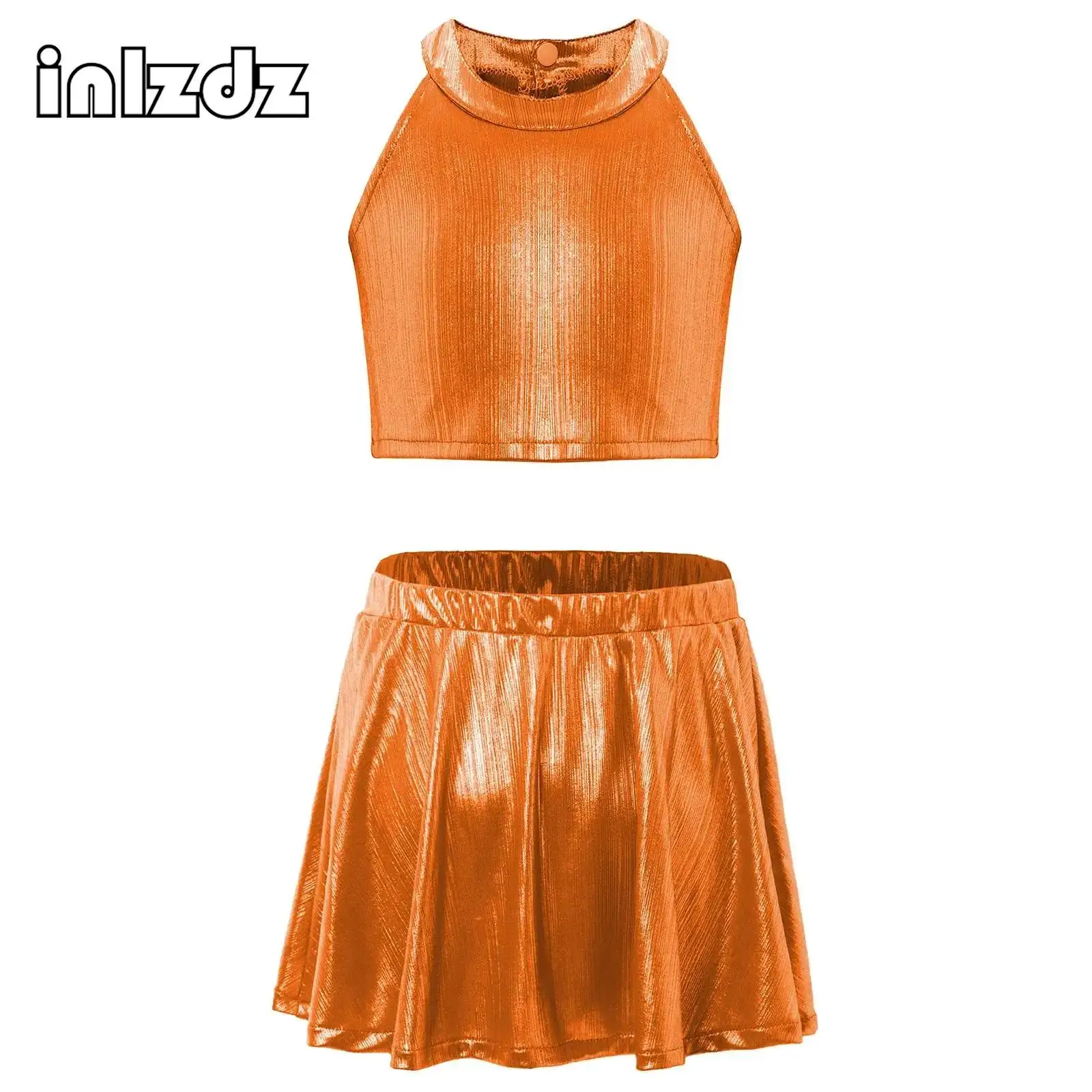 

Kids Girls Metallic Sleeveless Crop Top Shimmery Camisole With Metallic Ruffled Skirt For Hip-Hop Jazz Dance Stage Performance
