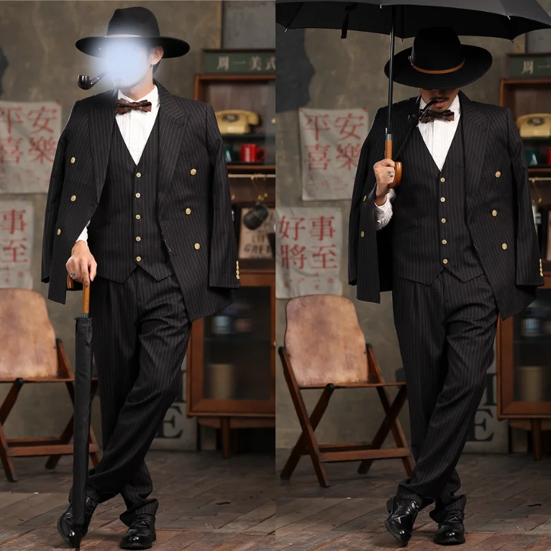 

New Italian Men's Suit Lapel Collar Double Breasted Stripes Slim Fit Retro Shanghai Beach Jacket Banquet Business Leisure