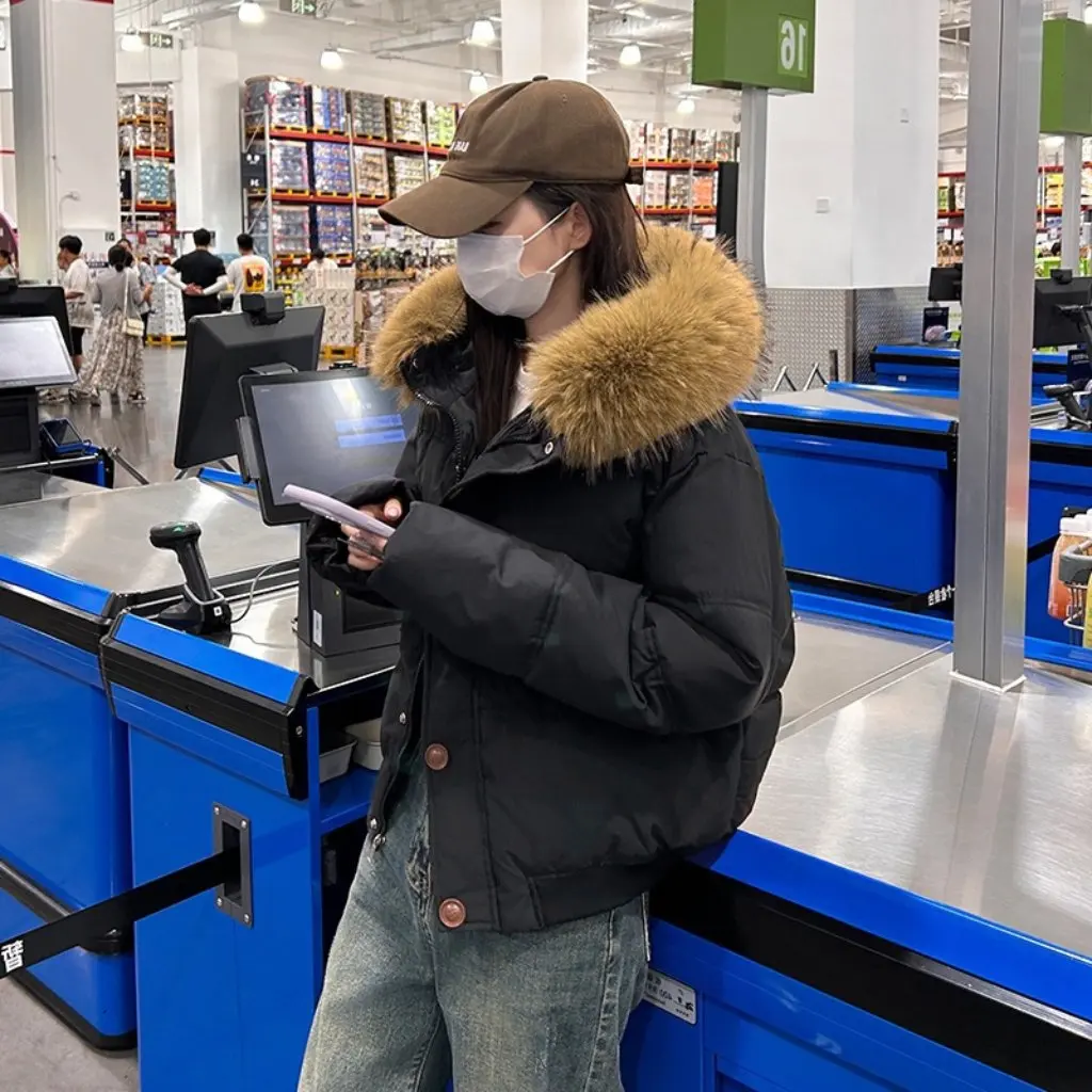 Jaket Wanita Korea Berbahan Katun Tebal dengan Kerah Wol Besar Desain Pendek Model Baru untuk Pelajar