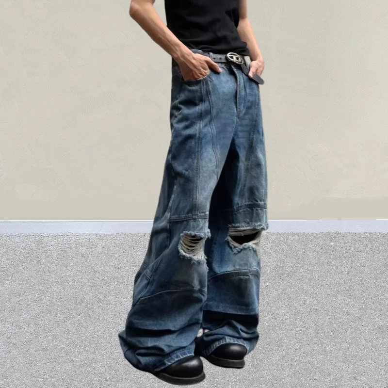 2026 Y2K Grunge Vintage Blaue Baggy Plissierte Zerrissene Gestapelte Jeans Herrenbekleidung Distressed Denim Hosen Pantalon Homme – Detail 9