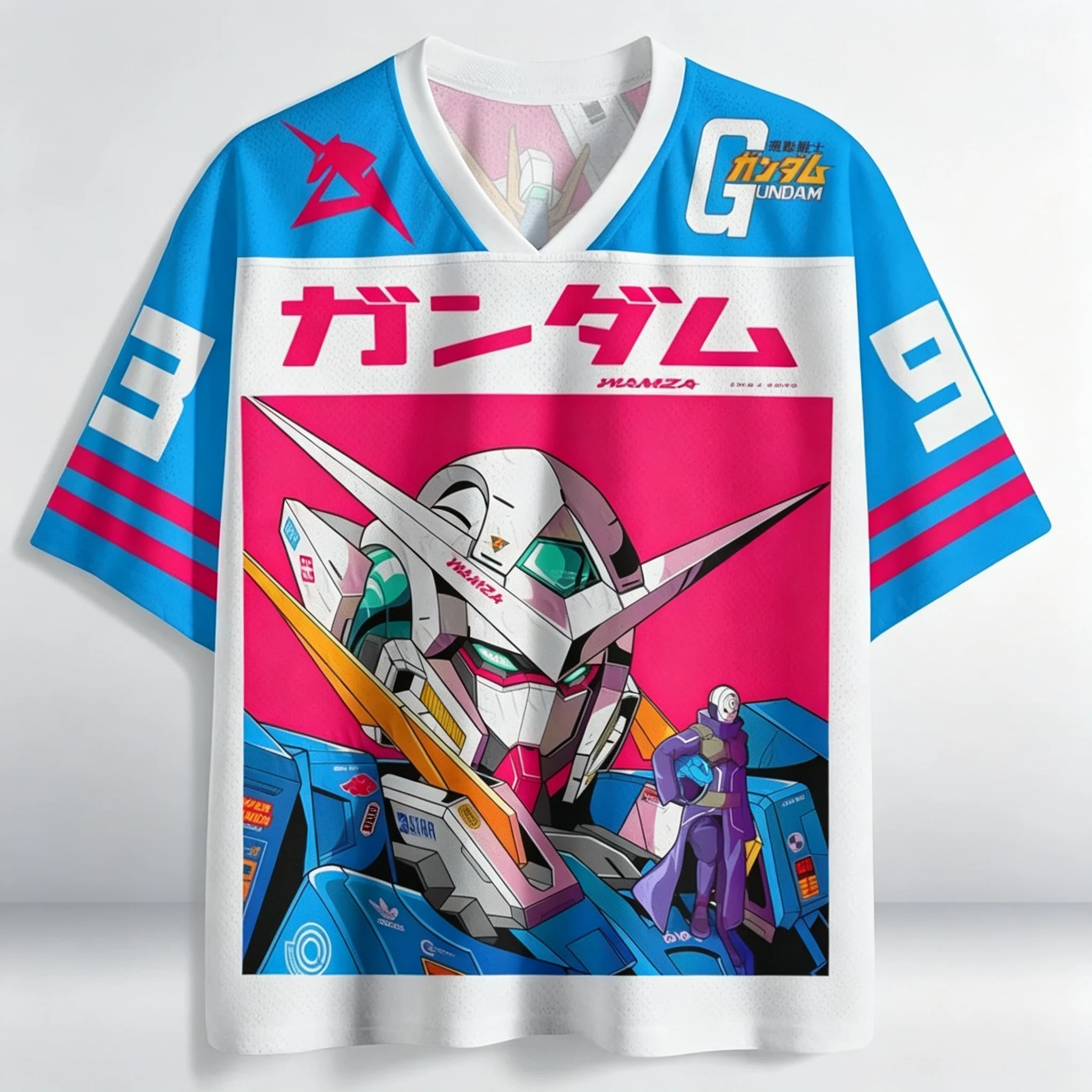 Neues Graffiti-RX78-Gundam-Grafik-T-Shirt mit V-Ausschnitt für Männer und Frauen, Retro-Anime-Streetwear, lockere Hemden für Fan-Treffen und den Alltag. – Detail 9
