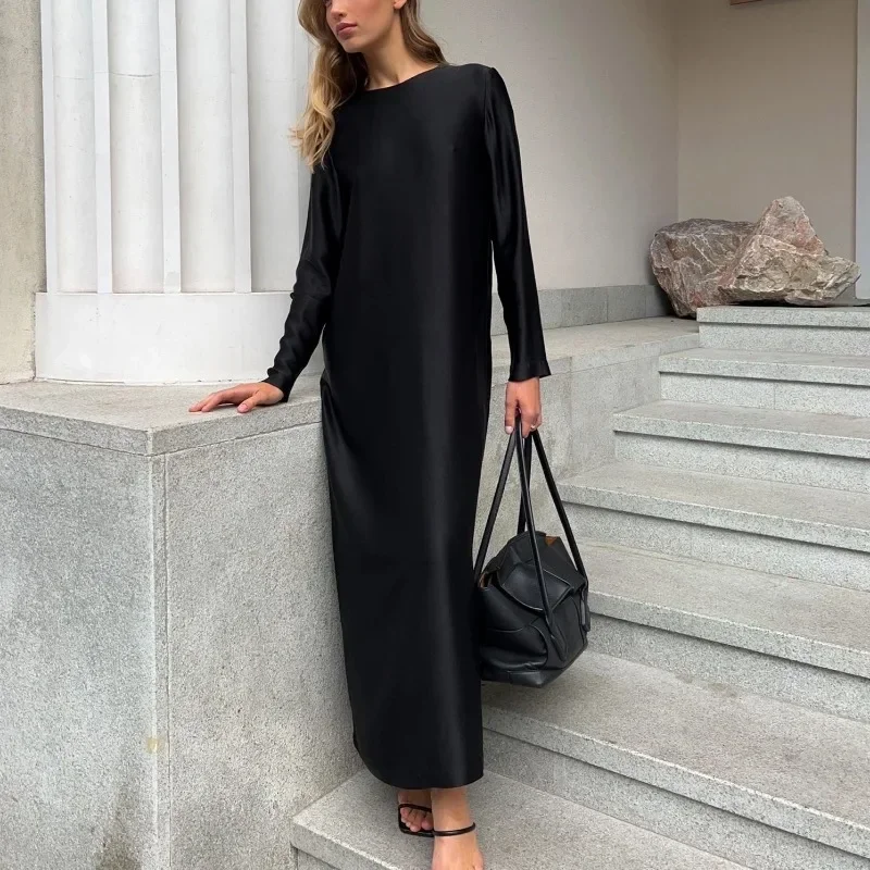 XIZOU Casual Abito da donna in raso nero 2024 Moda O-Collo Manica lunga Abiti alla caviglia Elegante abito femminile classico solido