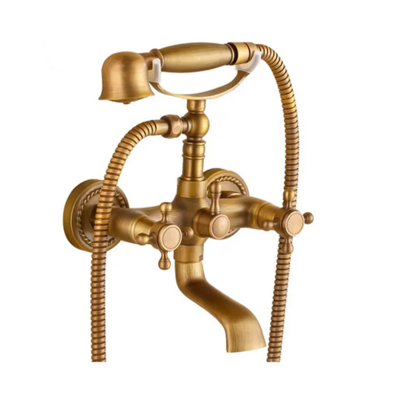 Bathroom Bath Tub Wall Mounted Hand Held Antique Brass Shower Head Kit Shower Faucet Sets Retro Bathroom Mixer Tap