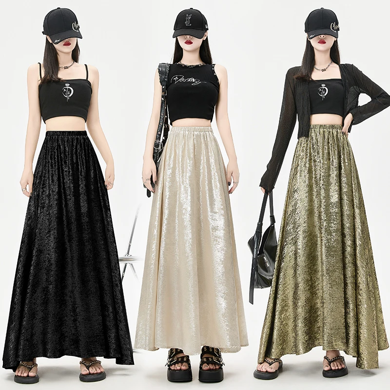 Summer Shining Long Skirt Women Korea Fashion High Waist A-Line Big Swing Dance Party Skirt