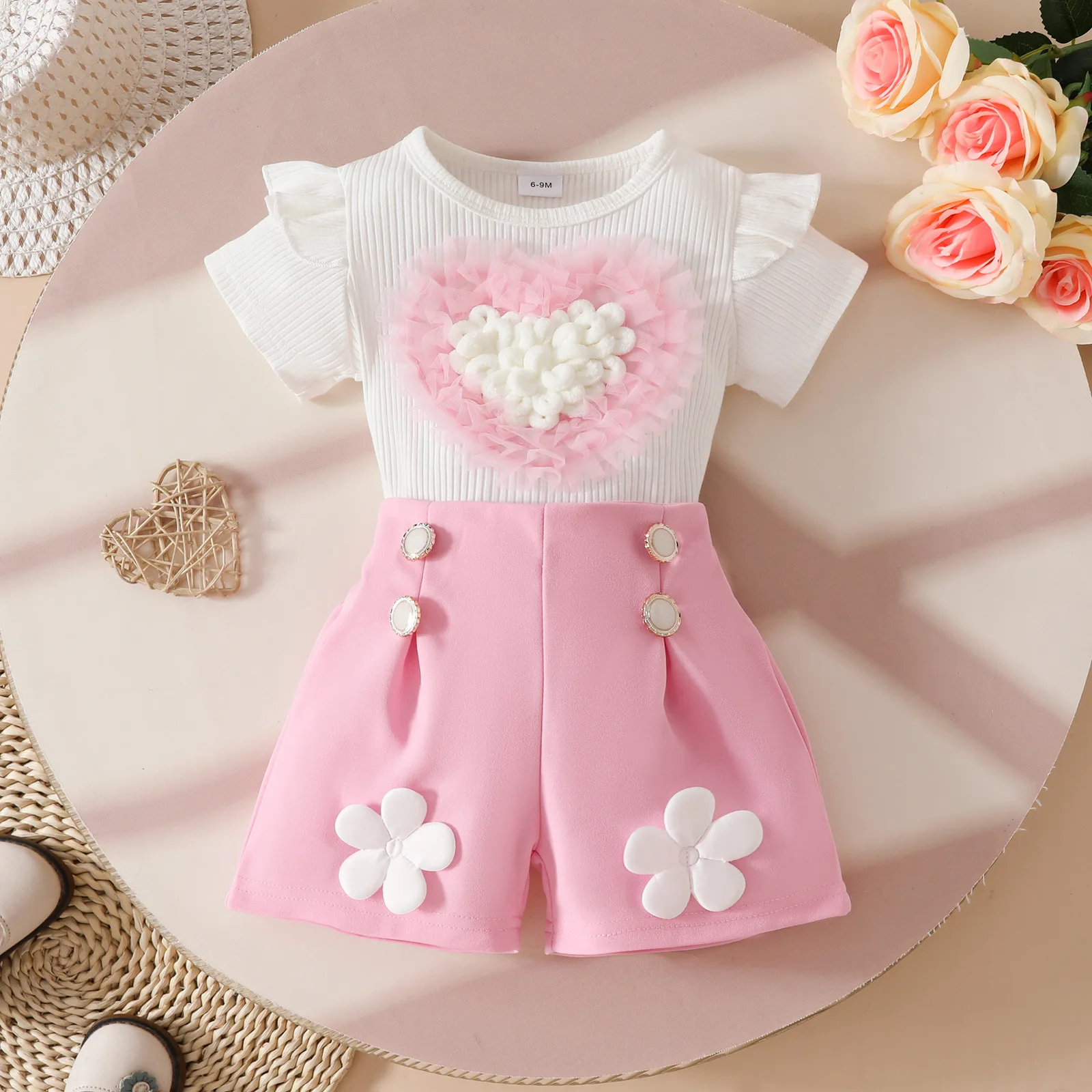 

Toddler Summer Baby Girl Shorts Set Heart Short Sleeve Tops Flower Elastic Button Back Shorts 2 Piece Girl Outfit