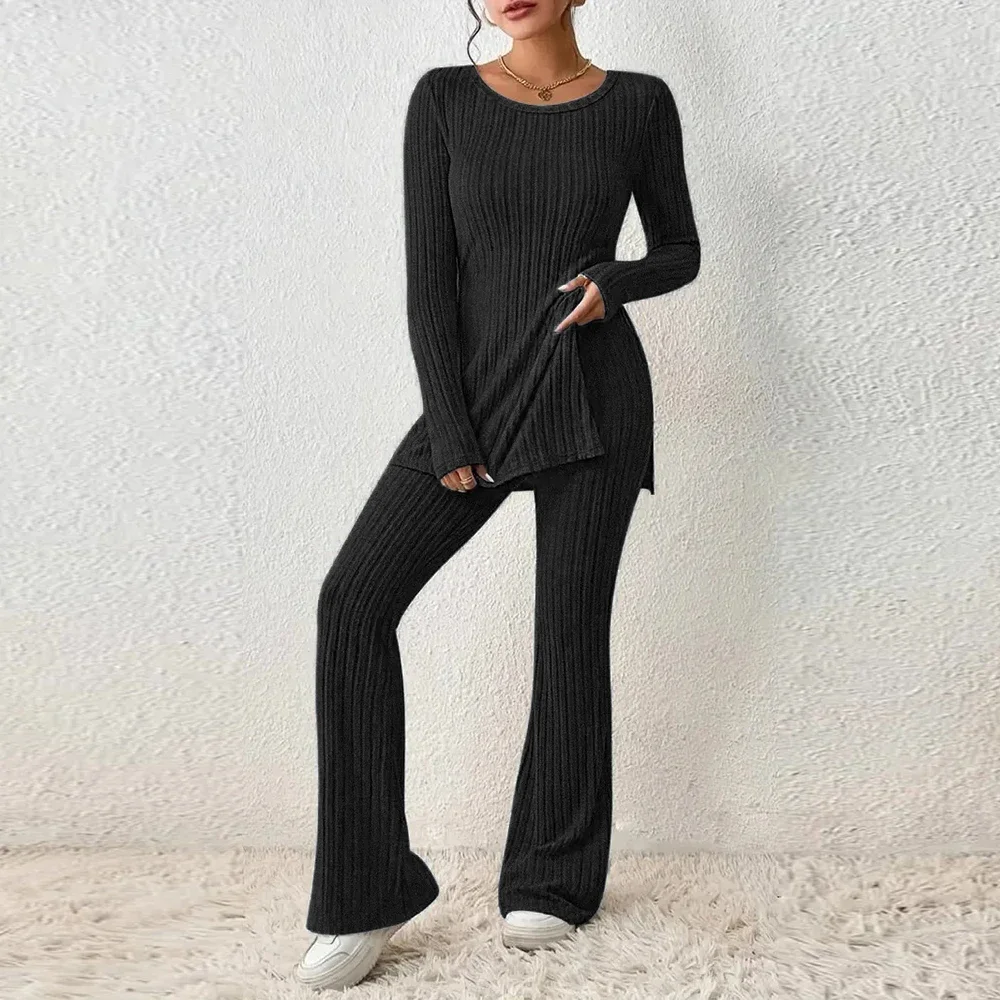 

Tops + Trousers Sets for Women 2 Piece Outfit 2023 Autumn Winter Clothing Elegant Female Long Sleeve Shirt Wide Leg Pants Suit