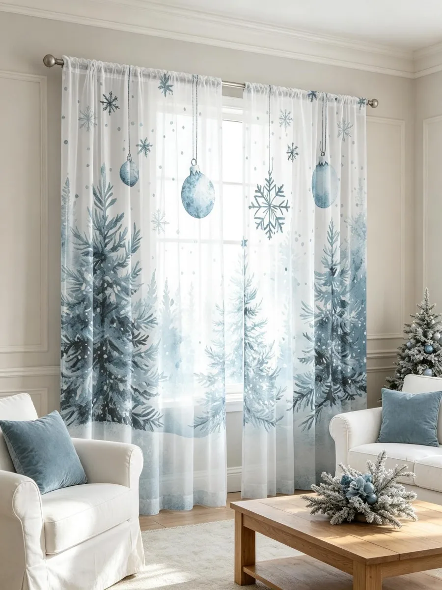 2PCS Christmas Sheer Curtains, Blue Snowflake Watercolor Ornament, Digital Print, Bedroom Living Room, Rod Pocket, Home Decor