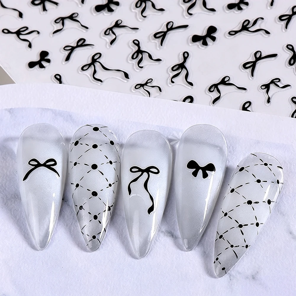 Japanese Style Viral Bow Nail Stickers Red Black-White Simple Self-Adhesive INS Nail Art Decals for Fashionable Manicure