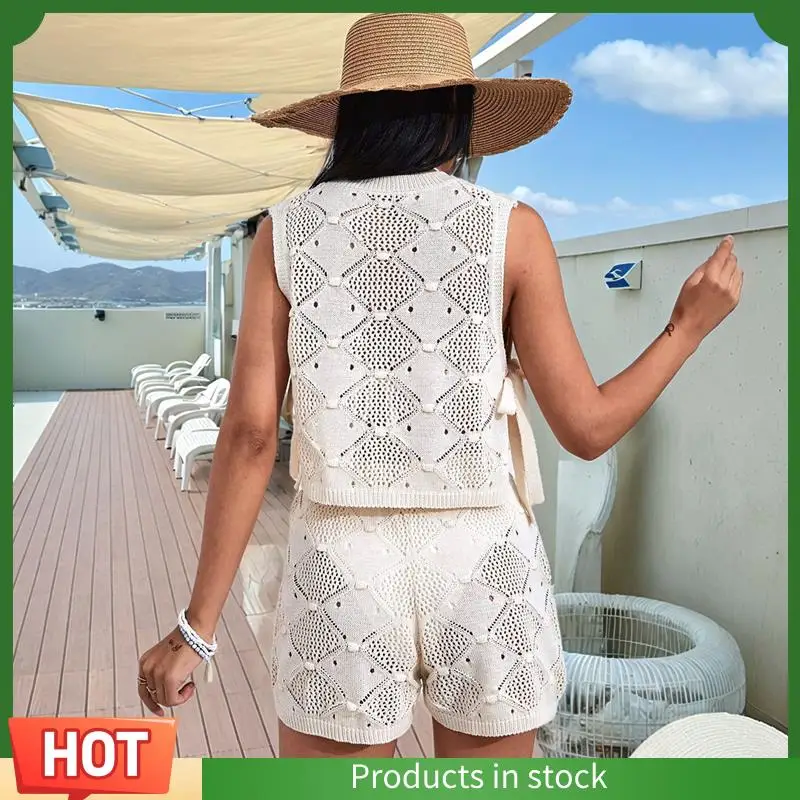 

Intuitive Women's 2 Piece Crochet Outfits Hollow Out Knit Sleeveless Swimsuit Cover Up Casual Top Shorts Set Beach Set