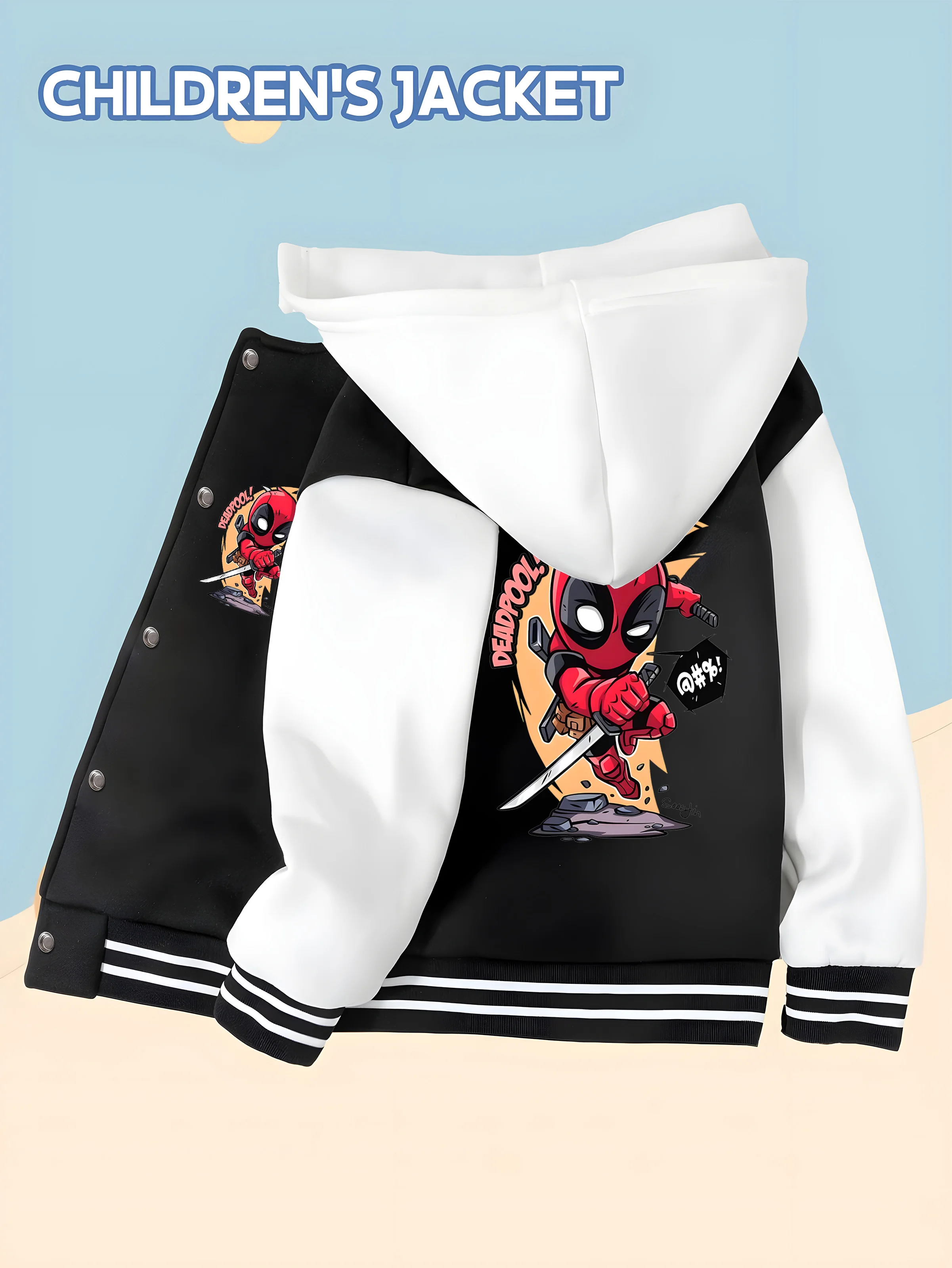 

MINISO Marvel Boys' Baseball Jacket - Deadpool Print, Double-Sided Pattern, Comfortable Fabric, Black and White, Fashionable for