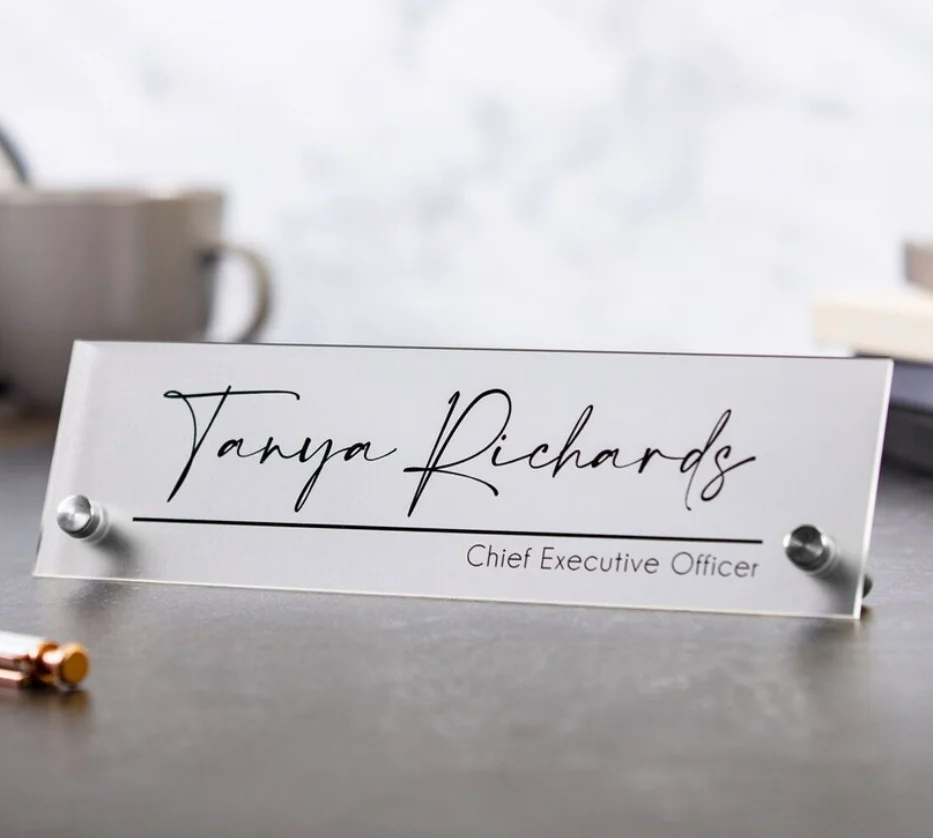 Standing Acrylic Name Plate,Clear Script Executive Desk CEO Sign, New Job Office Small Business Decor, Promotion Gift